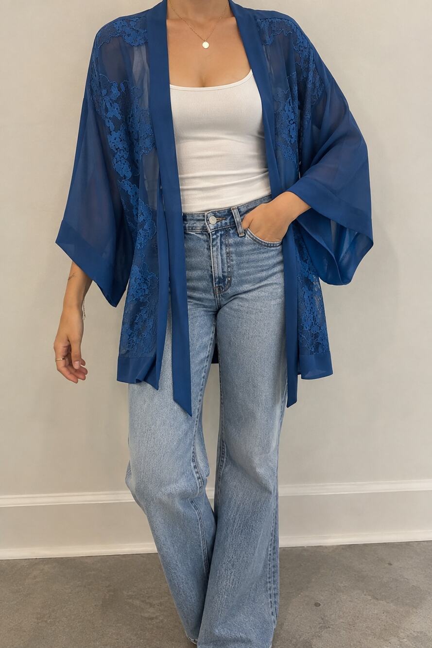 Vintage Y2K Victoria’s Secret Moda International Lace Kimono Top Blue M NWOT